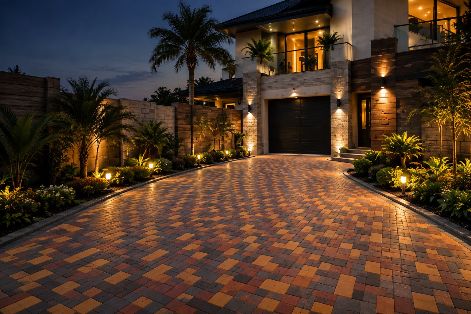 Paved driveway leading to a modern home at night